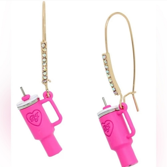 🔹️Betsey Johnson 🔹️Pink Rhinestone Stanley Cup Dangle Drop Earrings - Picture 1 of 5